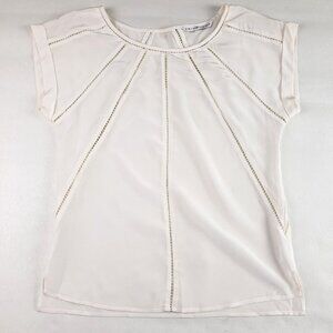 Trina Turk 100% Silk Blouse Women Small Cream Short Sleeve Sheer Cutout Top FLAW